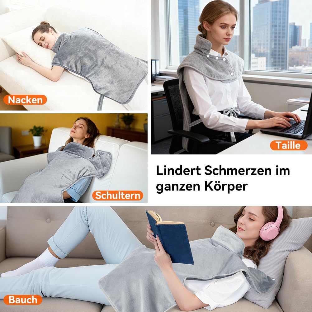 Heizkissen für Rücken Schulter Nacken, 60x100cm Heizkissen Automatische Abschaltfunktion mit Taillenriemen, 6 Heizstufen und Timer, Schnelle Erwärmung, Maschinenwaschbar Wärmekissen