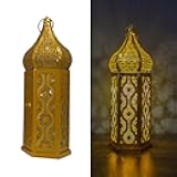 Moroccan Lantern Decorative Indoor, Decorative Lanterns for Home Decor, Gold Moroccan Lantern Decor, Hollow LED Lights Lanterns for Centerpiece Table Decorations,Large Golden