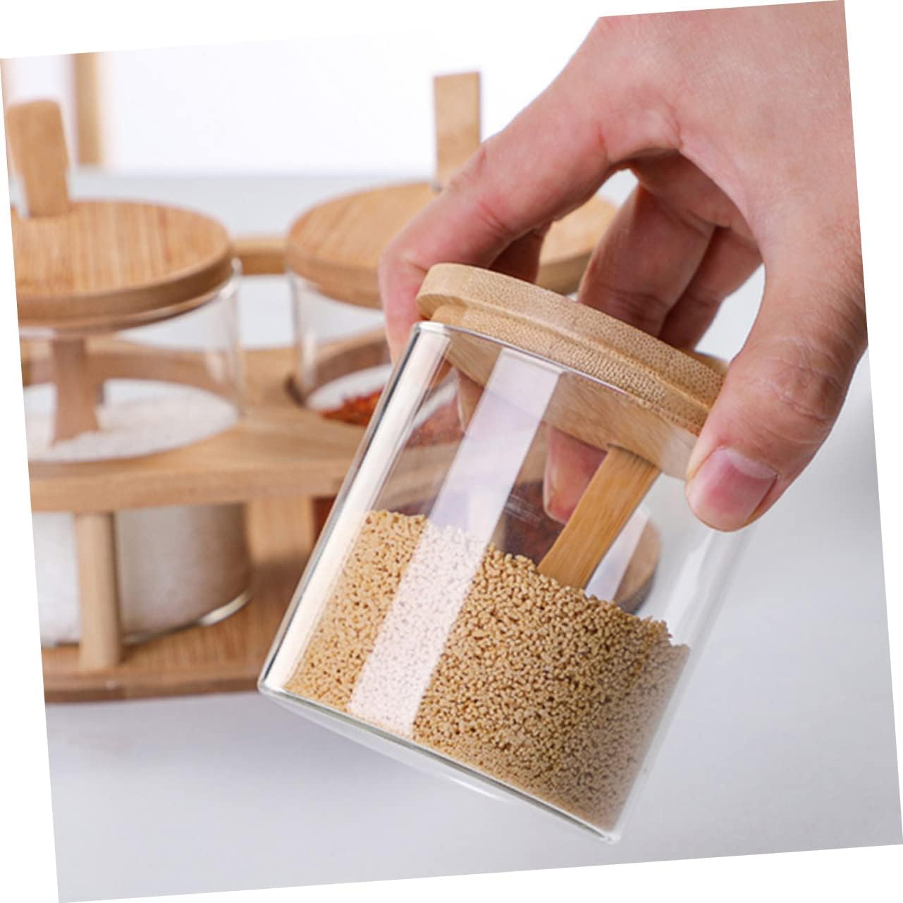 DECHOUS 1set Glass Seasoning Jars with Lid and Spoon Stylish Condiment Pots for Salt Pepper Sugar and Sauces Capacity Kitchen Storage