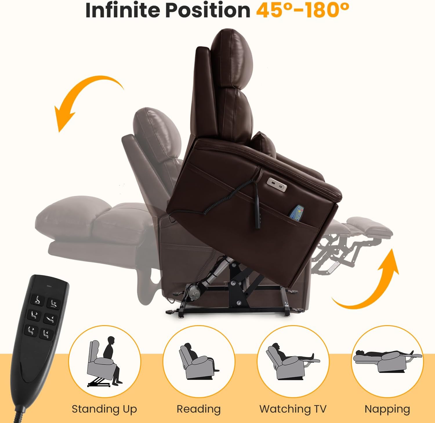 Triple Motor Power Lift Recliner Chair for Elderly with Power Headrest, Infinite Position Lay Flat Lift Chair with Vibration Massage & Heat, Cup Holders, USB, Lumbar Pillow, Premium Leather, Brown