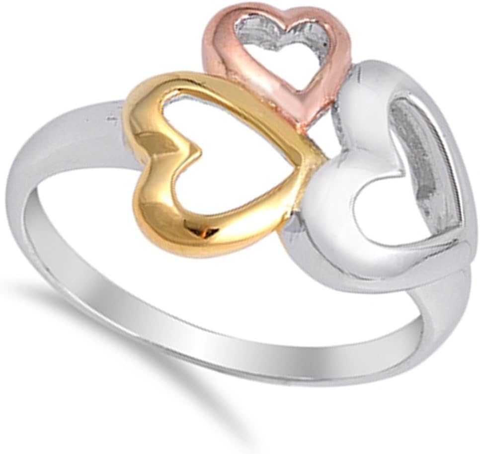 Rose Gold-Tone Triple Heart Purity Ring New .925 Sterling Silver Band Sizes 5-10