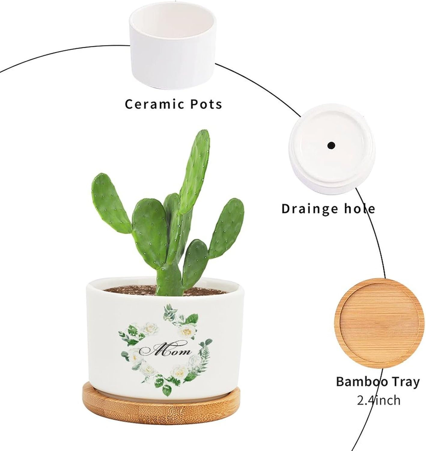 Mom Planters Ceramic with Drainage Holes Customized Plant Lady Lovers Gift for Mom on Mothers Day White Indoor Pots for Plants Set of 3 Windowsill Succulent Pots