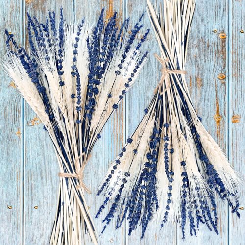 Dried Lavender & Wheat Flowers Bundle - 17'' Real Fresh Preserved Lavender Flowers and White Wheat Plants Bouquet Hand Tied Fall Wedding, Fragrance Home Vase Decor, Bohemian Arrangements, 2 Bundles