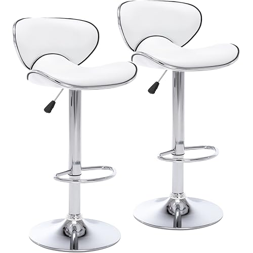 Vogue Furniture Direct PU Leather Adjustable Bar Stools, Modern Swivel Airlift Barstools with Back, Armless Counter Height Chairs for Kitchen Dining Pub Cafe Set of 2 (Pearl White)