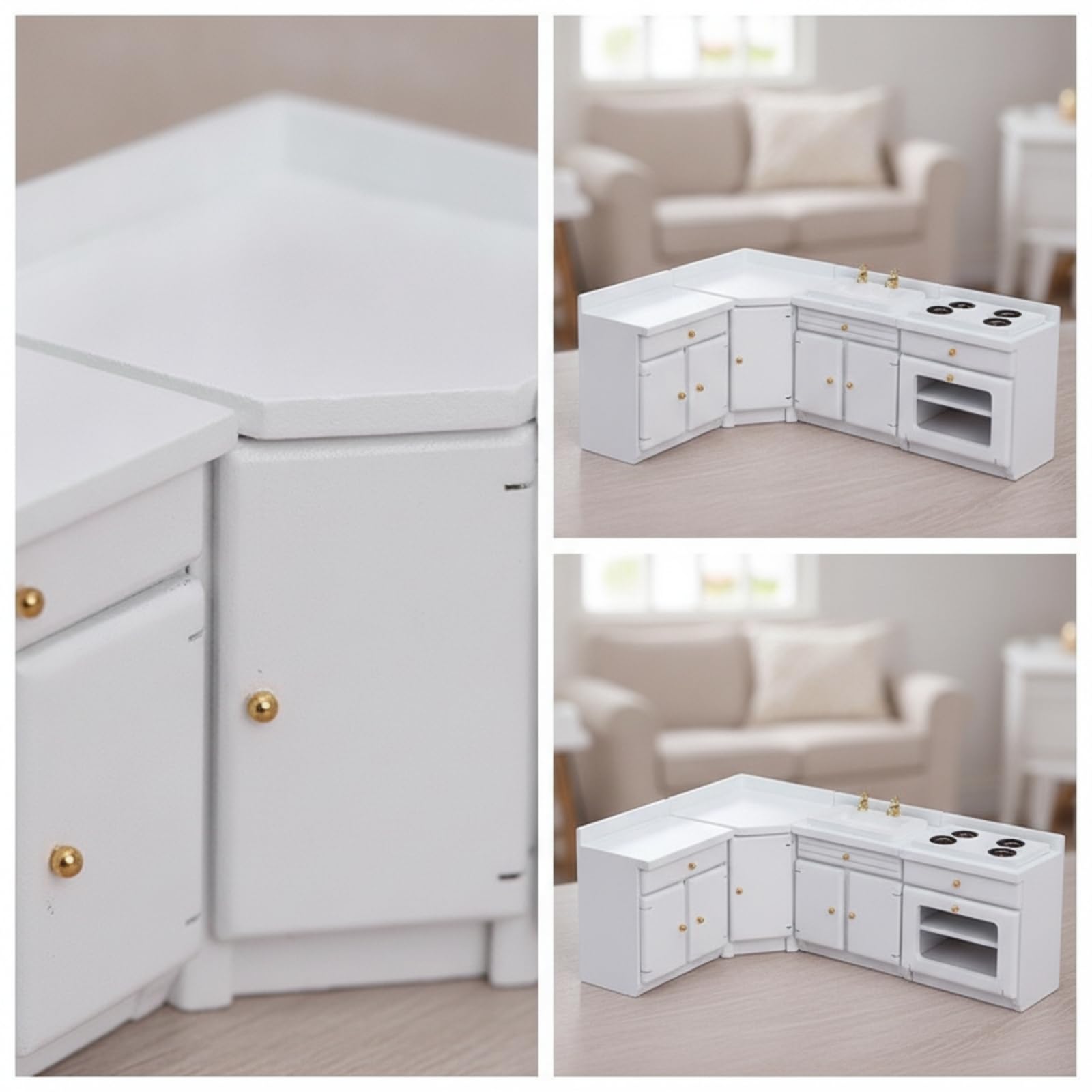 Mobiletta Cucina in Miniatura con Lavello Fornello Frigo E in Legno di Betulla per Casa Delle Bambole Diorama Collezionisti Regalo