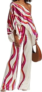 Sponsored Ad - REASERAL Womens Fall Loose 2 Piece Outfits Off Shoulder Printed Long Sleeve Casual Going Out Wide Leg Pants...