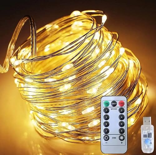 White Volunx 10M 100Led 1Pcs Fairy Lights Copper Usb Plug In, 10 M 100 Led Warm 8 Modes Copper Wire String Lights Remote Timer, Rainbow Twinkle Firefly Lights For Bedroom Party Night Room Decorations