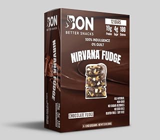 BON Nirvana Fudge Protein Bar - Chocolate Fudge, 12 Bars, 19g Protein, 4g Sugar, 180 Calories - All-Natural, Non-GMO, Gluten-Free, Soy-Free, Seed-Oil Free