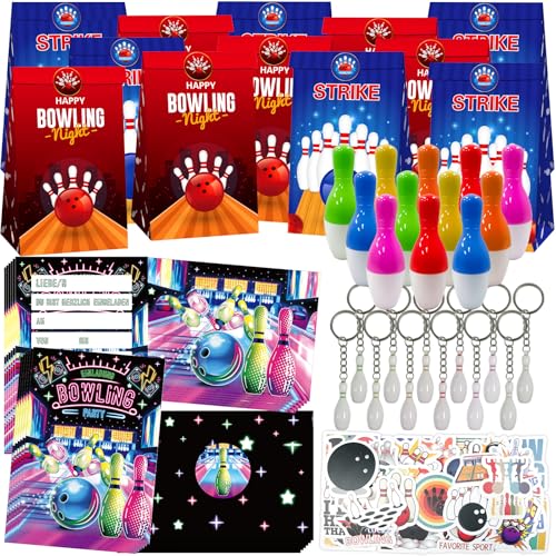 NlsqEU Bowling Mitgebsel Bowling Geschenktüten Bowling Themen Geburtstagsfeier Deko Einladungskarten Bowling Schlüsselanhänger Stift Aufkleber