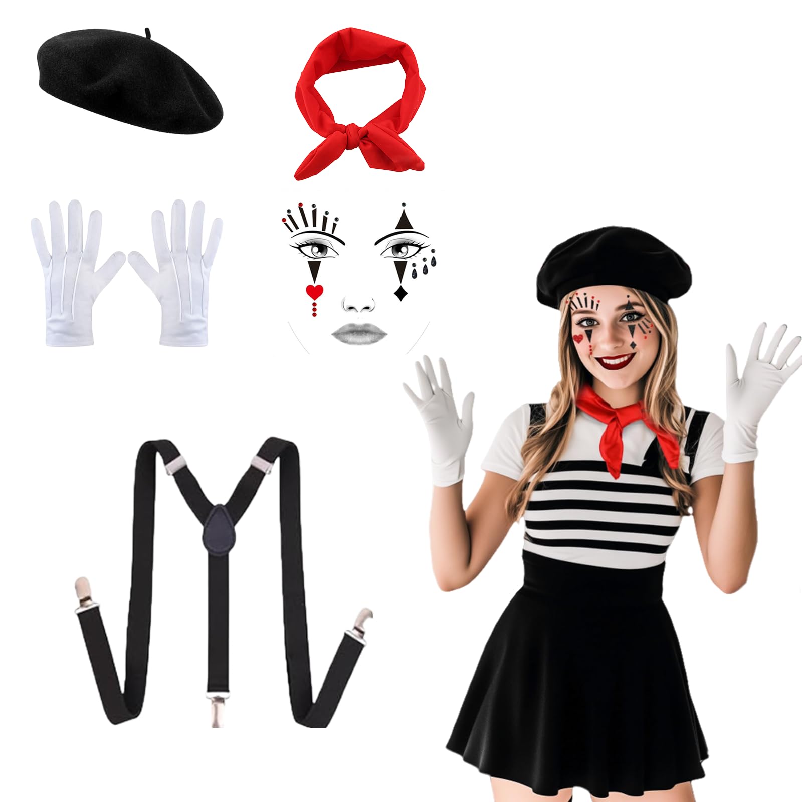GWAWG Pantomime Costume for Men and Women Pierrot Style Clown Costume with Black Beret, Red Bow Tie, White Gloves