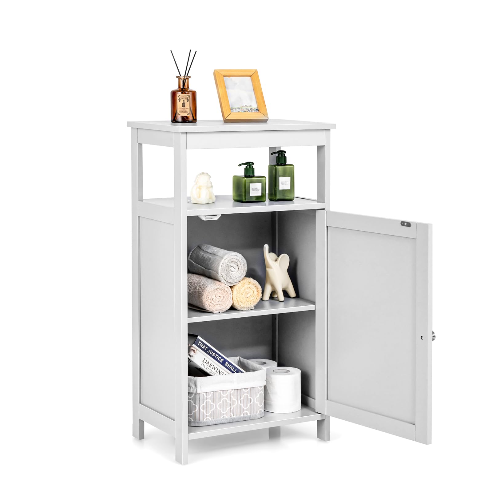 KOMFOTTEU Mobile da Bagno con Ripiano e Armadio a Porta, 45 x 30 x 84 cm, Armadietto da Terra Autoportante in MDF, Armadio d’Archivio per Soggiorno, WC, Camera da Letto, Cucina (Bianco)