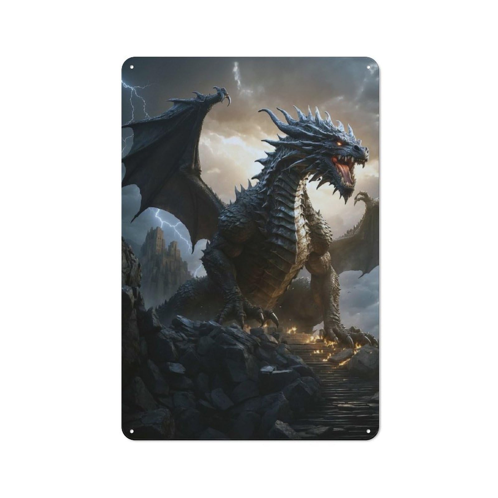 Junmoney Style-17 Majestic Dragon On Stone Steps Rustic Metal Wall Sign 30X20cm For Workshop Wall, Suited To Makers And Diy Enthusiasts