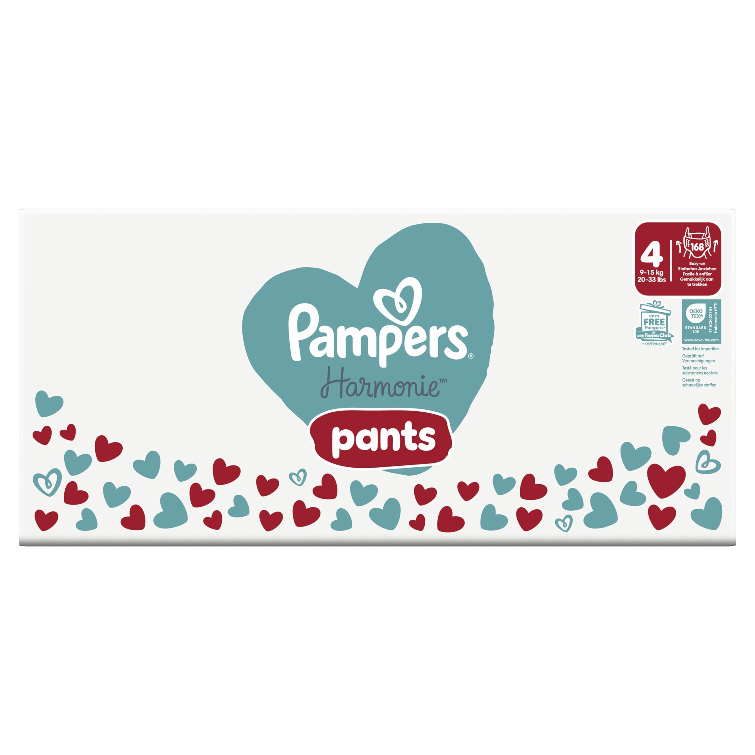 Pampers Pañales Armonía Pants Tamaño 4 (9-15 kg), 168 Pañales para Bebé, Paquete de 1 mes, 100% de absorción Pampers & Ingredientes de origen vegetal, Ahora con Más Capas