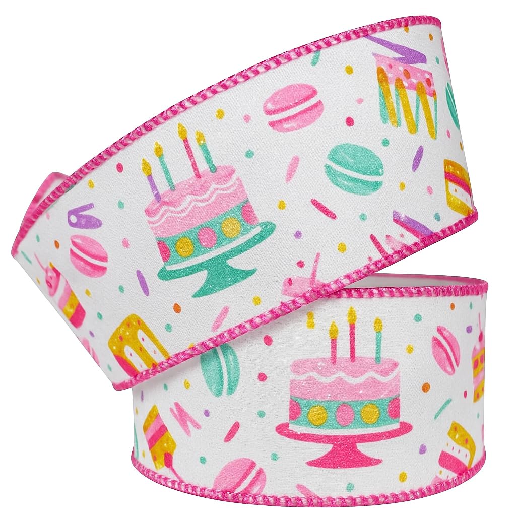 Pink Birthday Cake & Sweets Ribbon – 2.5 Inch Wired Edge – Available in 2m, 5m, 10m – Cute Candy Macaron Party Décor, Gift Wrap, Crafts (Thick Cake & Sweety Ribbon, 10M)