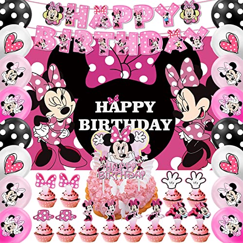 Minnies Geburtstag Luftballon,Minnie Geburtstagsdeko,Luftballon Geburtstag Rosa, Happy Birthday Banner, Cupcake Topper,Minnie Themen Party dekorationen Balloons, Minnie Hintergrund for Baby Shower Cover