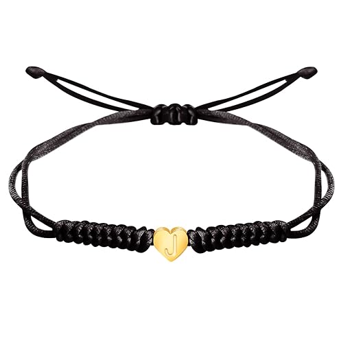 Vista 55 de Dainty Gold Heart Love Charm Initial Bracelet Black Pink Red String Rope Letter Bracelet for Girls Boys Women Men Christmas Gift (Red, J)