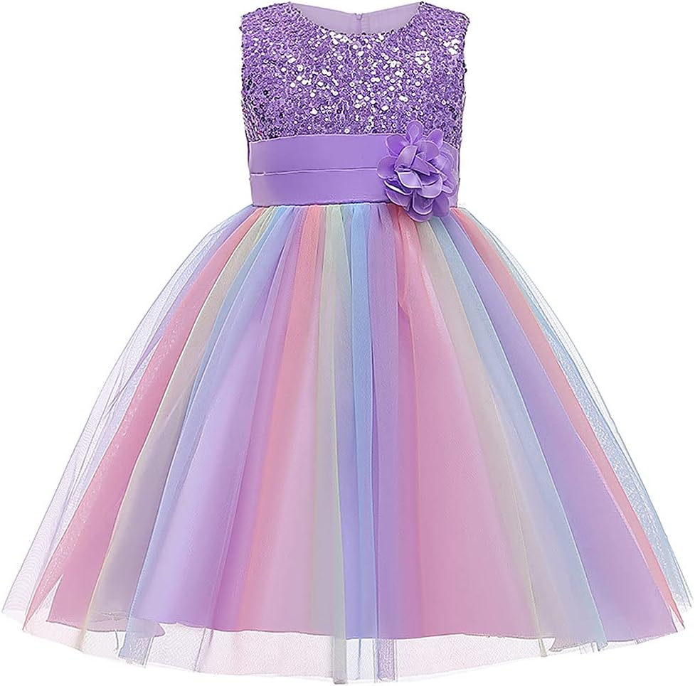 Super Fairy Flower Girls Sequin Mesh Tulle Rainbow Party Dress Princess Lace Ball Gown