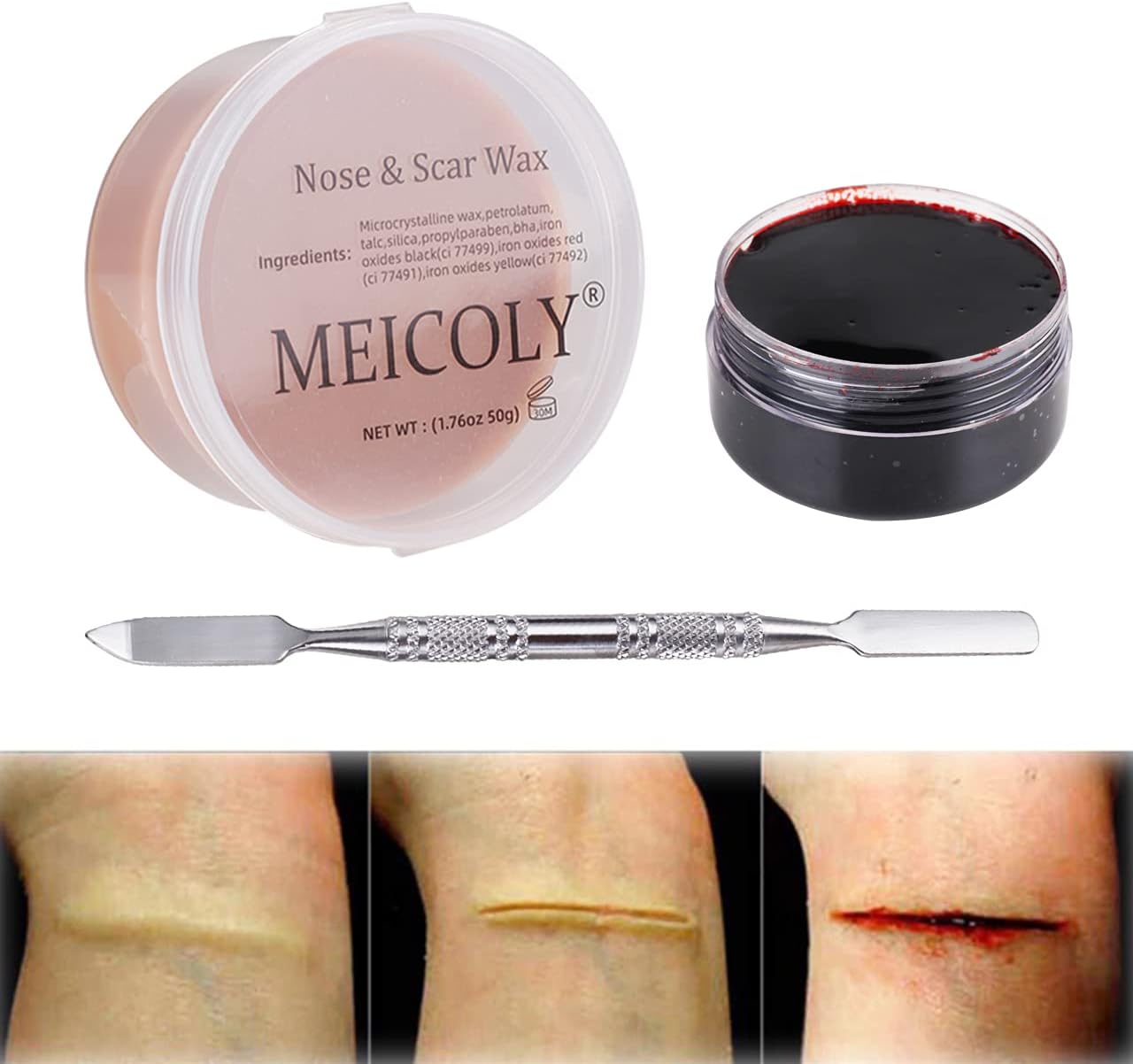 Meicoly Makeup Skin Wax Special Effects Halloween Set Stage Fake Wound Scar,Molding Scars Wax with Spatula,Coagulated Blood Gel,01
