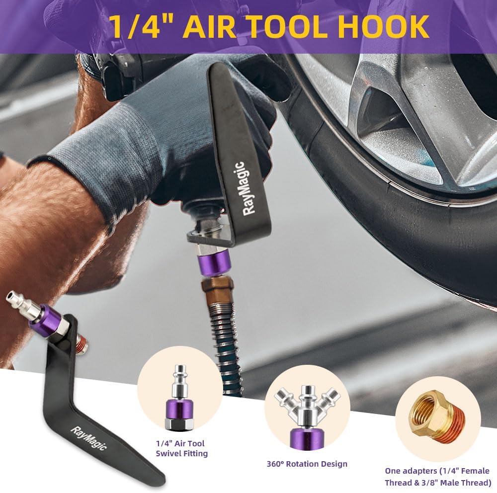 RayMagic Steel Pneumatic Tool Rafter Hook Hanger, Lightweight, Durable,Reusable Metal Organaizer Adjustable Easy Install Hooks with 1/4" Air Tool Swivel Fitting, for Air Nailer, Purple(5-Pack)