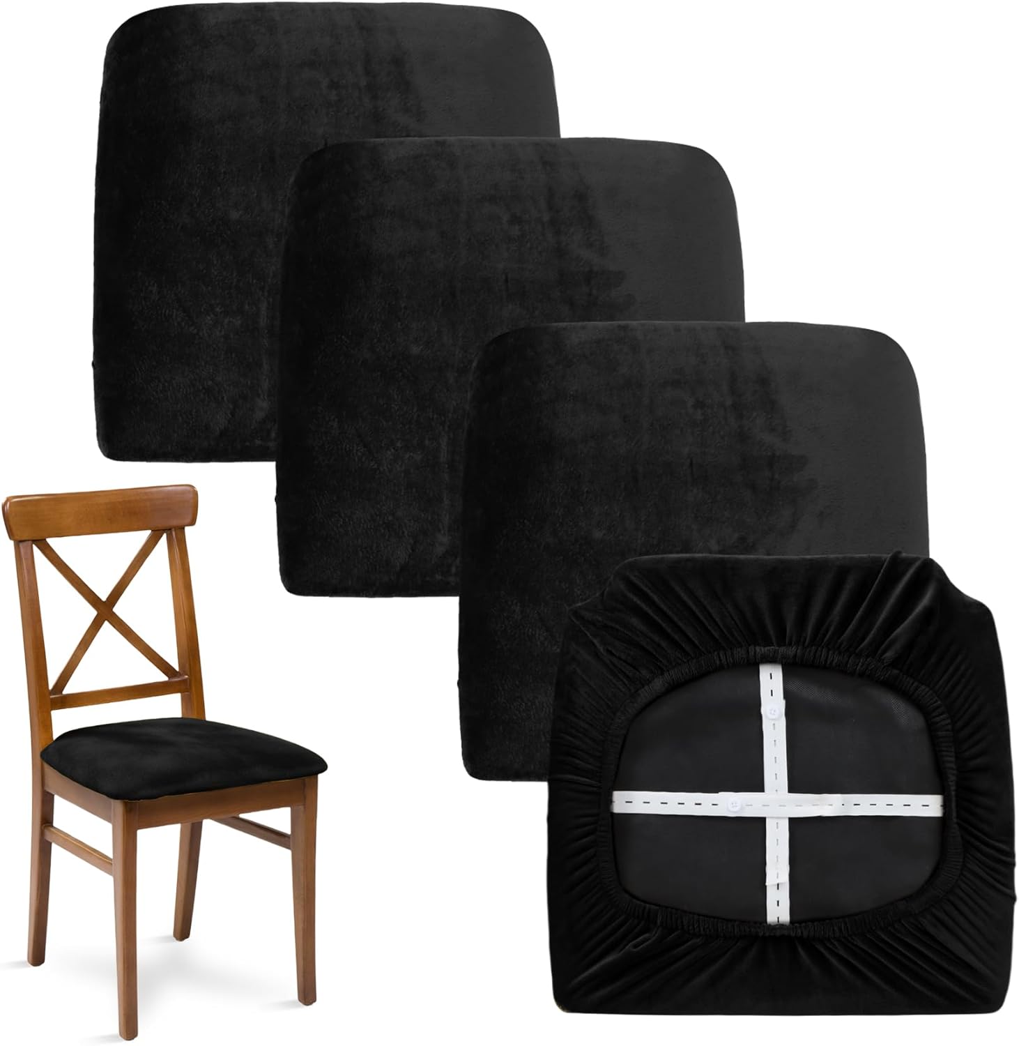 MANSPHIL Black Velvet Chair Seat Covers Set of 4 - Durable & High Stretch Fit 14"-20" Dining Room Chair Covers for Kitchen - Washable Removable Seat Slipcovers Protector with Straps