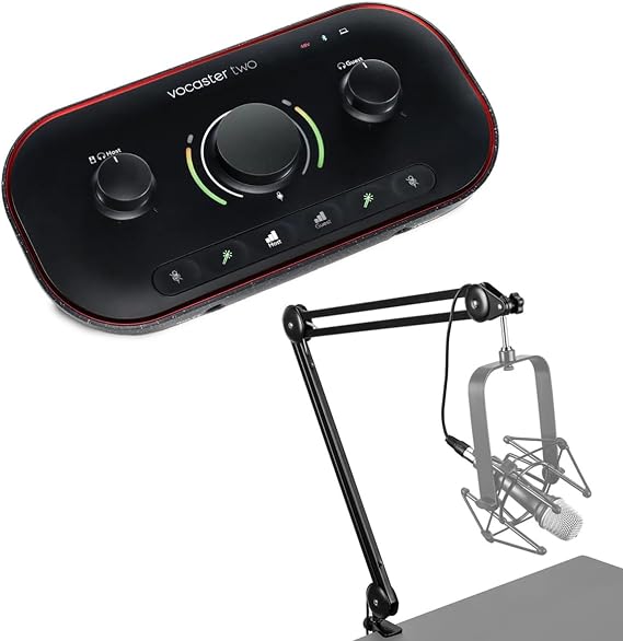 Focusrite Vocaster Two Podcast Interface for Solo Content Creators, Bundle with H&A Broadcast Arm with Internal Springs and Integrated 10' XLR Cable