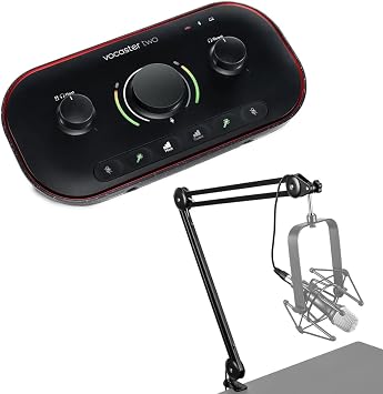 Focusrite Vocaster Two Podcast Interface for Solo Content Creators, Bundle with H&A Broadcast Arm with Internal Springs and Integrated 10 XLR Cable