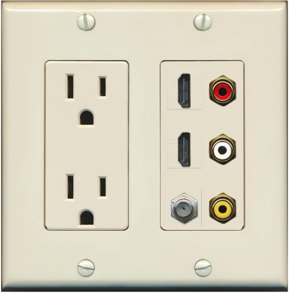 RiteAV USB Charger Outlet 15A/125V with USB Type-A/USB Type-C Charging Ports and 3 x RCA 2 x HDMI 1 x Coax Cable Decorative White Wall Plate