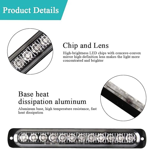 Miniatura 3 de 2 unids 12LED rojo y azul LED de cabeza de luz de emergencia luz de advertencia de peligro intermitente barra de luz estroboscópica de recuperación