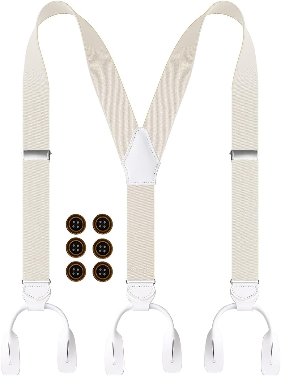 Suspenders for Men Genuine Leather Buttons End for Wedding Adjustable Elastic