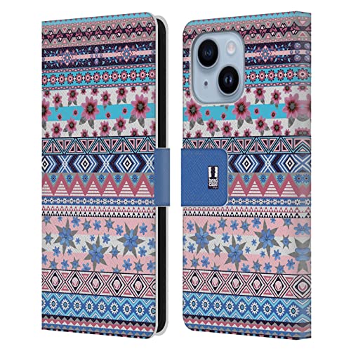 Étui portefeuille iPhone 14 Plus bleu rose aztèque floral, housse cuir antichoc avec support
