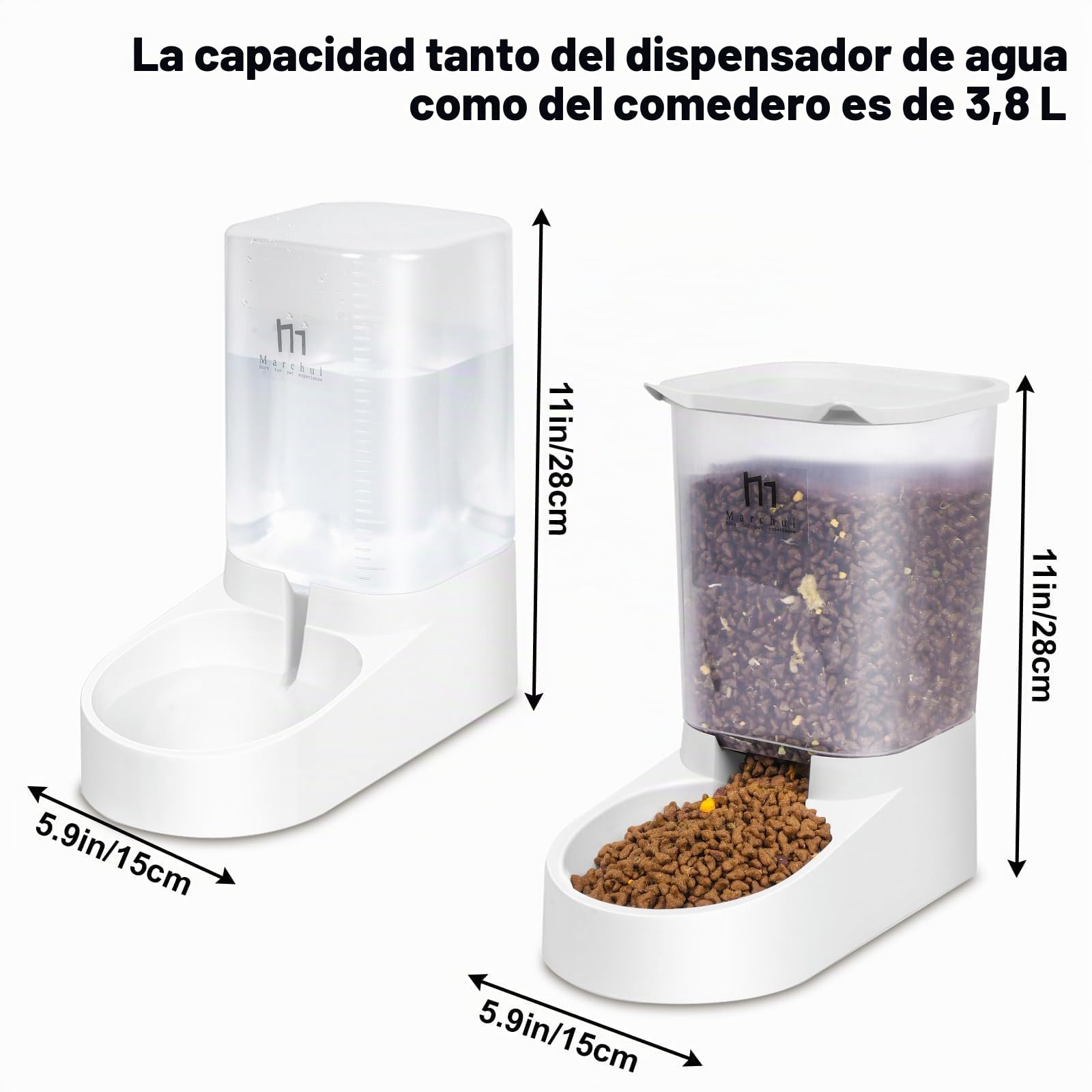 Marchul Dispensador para Gatos y Perros, Comida y Agua, Pack 2 Unidades, Comederos Automáticos, 3.8 L c/u, Comedero, Alimentador y Bebedero para Mascotas (Alfombrilla de Silicona)