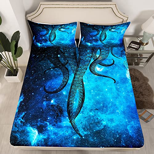 Octopus Sheet Set Queen Size Sealife Dark Blue Starry Sky Bed Sheet Set 4Pcs With Deep Pocket Fitted Sheet + Flat Sheet + 2 Pillowcases Ocean Animal Abstract Soft Bedding Set For Kids Teens Room Decor #TOP1