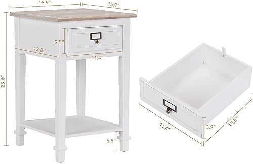 Miniatura 9 de Wnutrees Mesa auxiliar con estación de carga, 2 puertos USB y 2 tomacorrientes, mesita de noche con cajón y estante de almacenamiento abierto para