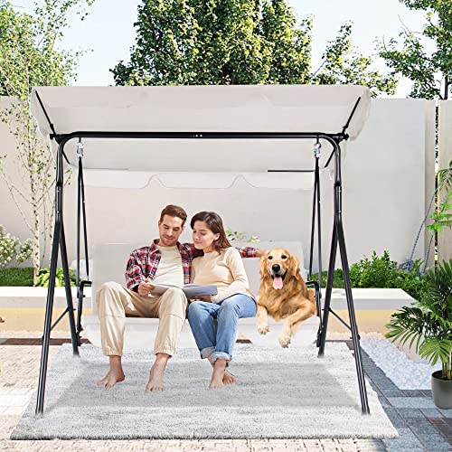Coveronics 3-Person Porch Swing Chair, Adjustable Canopy Outdoor Swing With Steel Frame, 440 Lbs Patio Swing For Yard, Lawn, Garden, Pool, Indoor (Beige) #TOP1