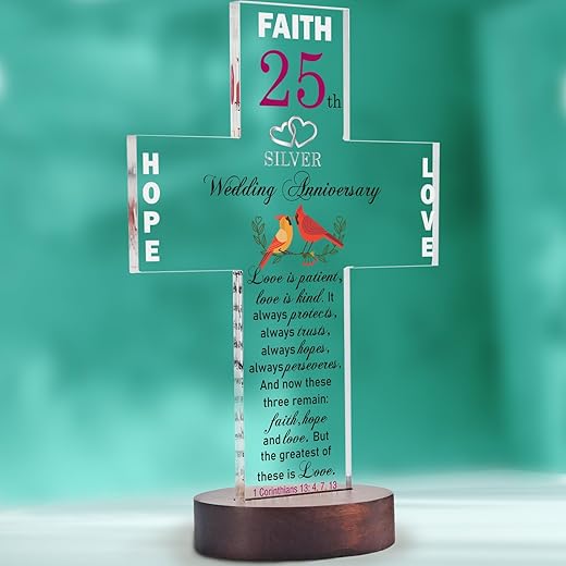 25th Anniversary Wedding Gifts for Couple, Best 25th Silver Anniversary Thoughtful Gifts Ideas, 25th Year Anniversary Present for Husband, Wife, 25th Anniversary Decorative Cross with Bible Verse.