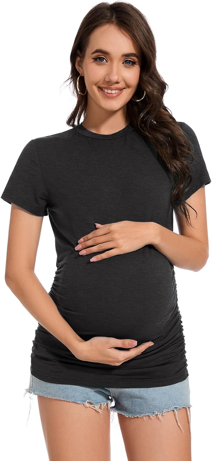 Smallshow Women's Maternity Shirts Crew Neck Short Sleeve Pregnancy Clothes 3 Pack - Image 4