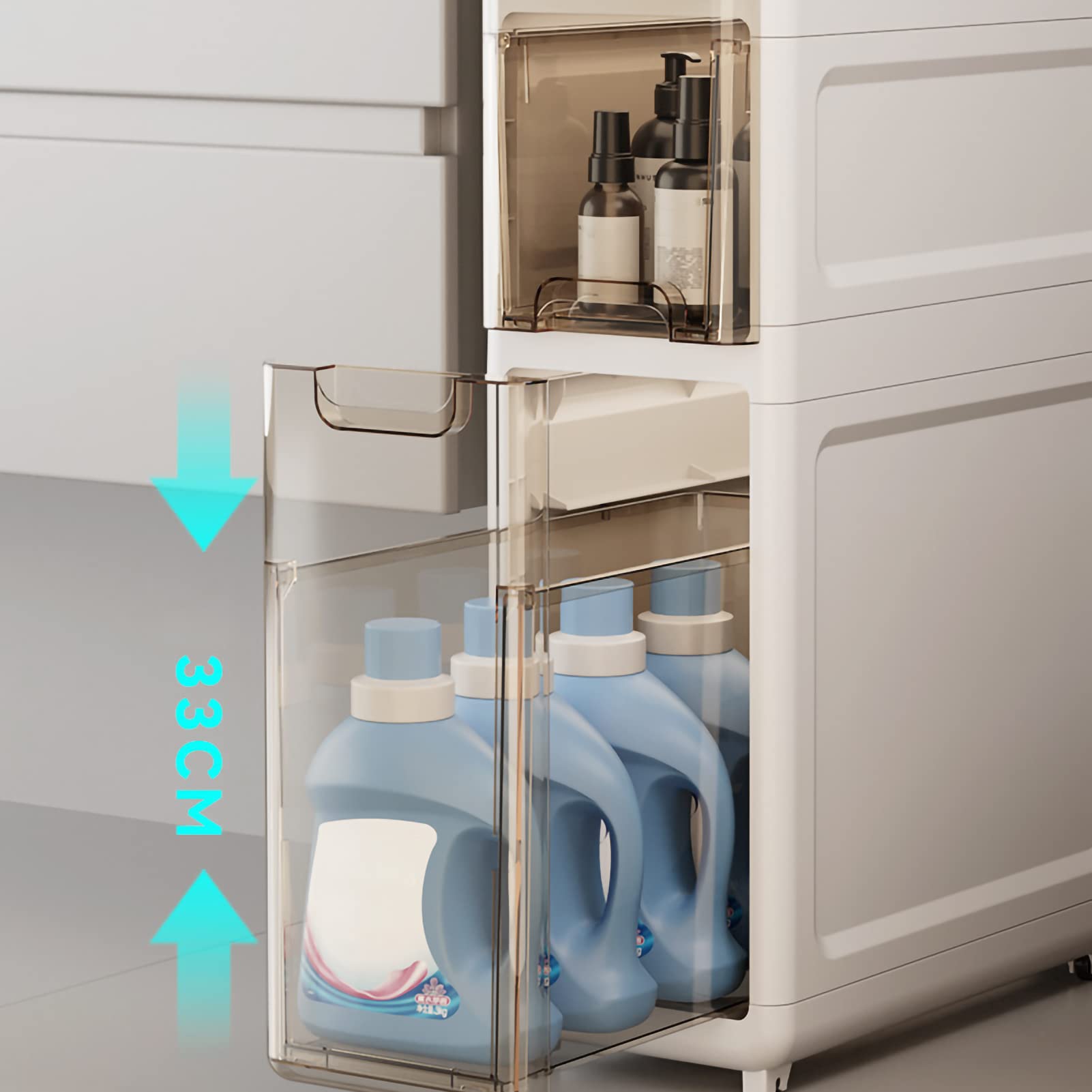 Cajones de almacenamiento apilables Gabinete de almacenamiento Lateral para inodoro, Gabinete de piso de baño Estrecho con 4 cajones y ruedas Torre de almacenamiento de c