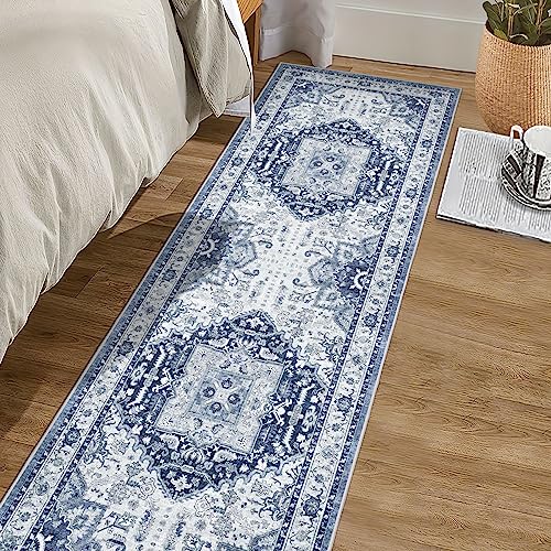 Madane Washable Runner Rug 2x6, Ultra-Thin Non-Slip Non-Shedding Hallway Runner, Stain Resistant Kitchen Mat Entryway Carpet Runner, Vintage Pet Friendly Low Pile Runners (2x6ft, Navy/White)