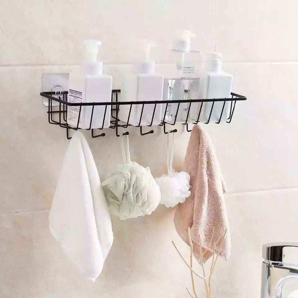 Dayish Kitchen Wall-Mount Seasoning Organizer Rack with 6 Hook Spoon Holder Multipurpose Bathroom Organizer Rack Shelf Adhesive Storage Holder for Kitchen Cabinet Pantry Bathroom Office 4