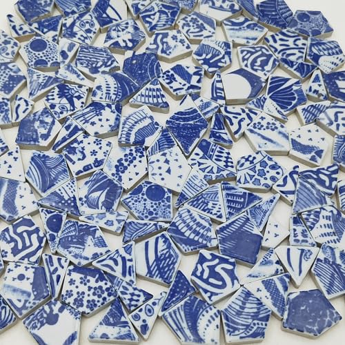 500g Broken Ceramic Porcelain Mosaic Tiles for Crafts, Irregular Blue and White Porcelain Mosaic Pieces for DIY Vase Mosaic Projects (Medium 2)