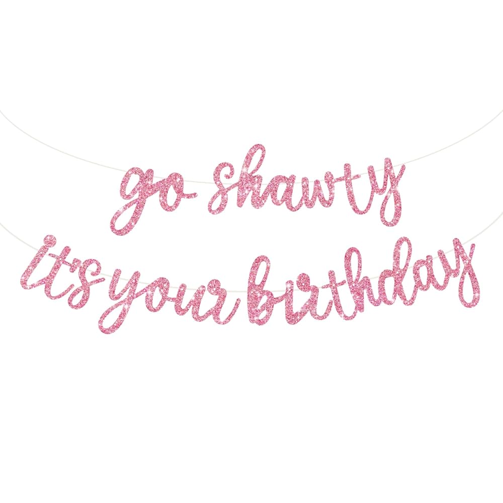 BEISHIDA Pink Go Shawty It\'s Your Birthday Banner - NO DIY - Hip Hop Theme Glitter Happy Birthday Banner - Pre-Strung - Pink Rap Theme Happy Birthday Sign for Man Women birthday Party Supply