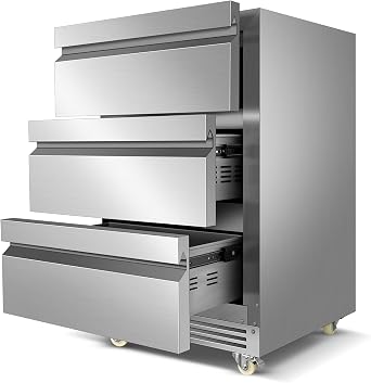 FoMup Stainless Steel 3-Tier Drawer Fridge Undercounter, Outdoor Beverage Refrigerator with Wheels, Waterproof Design and Temperature Control for Home and Commercial Use