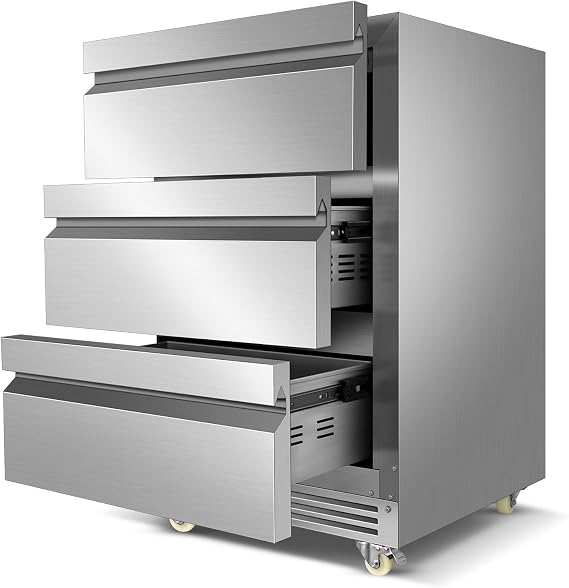 FoMup Stainless Steel 3-Tier Drawer Fridge Undercounter, Outdoor Beverage Refrigerator with Wheels, Waterproof Design and Temperature Control for Home and Commercial Use