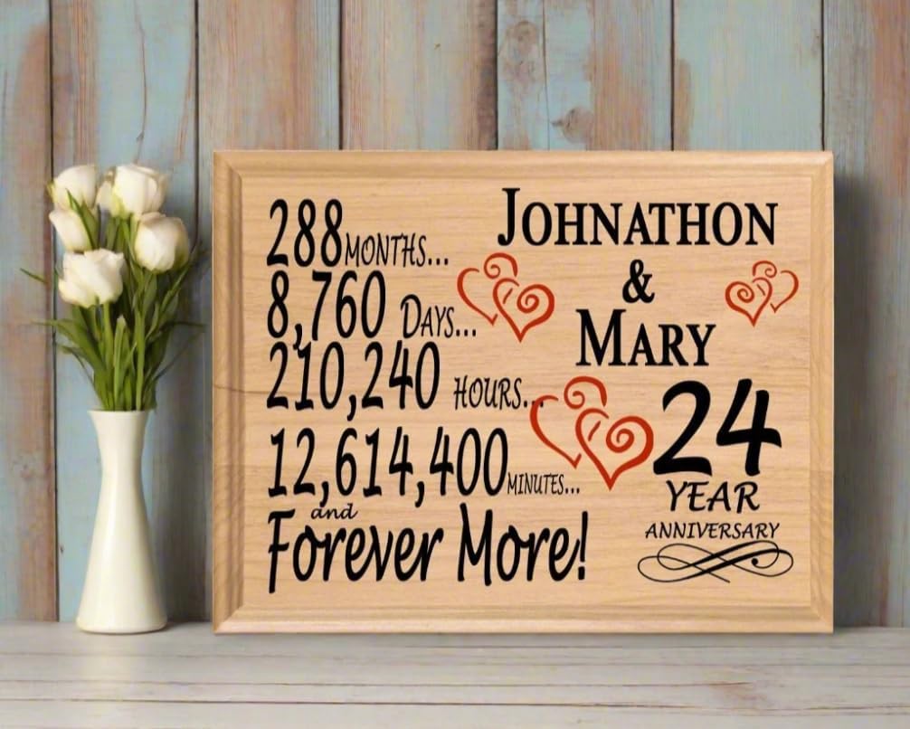 24th Anniversary Sign Gift Personalized 24 Year Wedding Anniversary Present for Wife Husband Couple - Solid Wood - Made in the USA