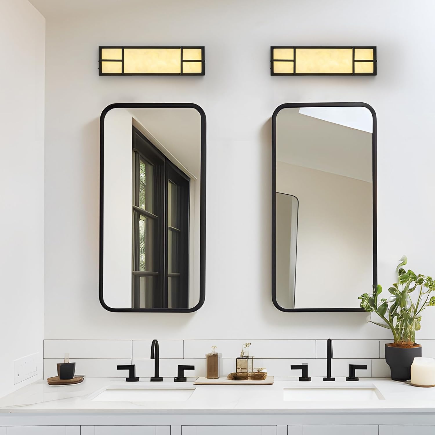 15.7inch Alabaster Wall Sconces, 3 CCT Dimmable Square Natural Marble Lampshade Wall Sconce, Modern Hardwired LED Alabaster Sconces for Dining Room Stairs Bedroom Black