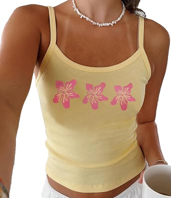 Women Y2k Hibiscus Beachy Tank Tops Summer Floral Graphic Cropped Shirts Cute Spaghetti Strap Ribbed Fitted Camisole