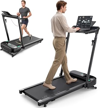 UREVO Foldable Treadmill with Adjustable Laptop Desk, 12% Auto Incline