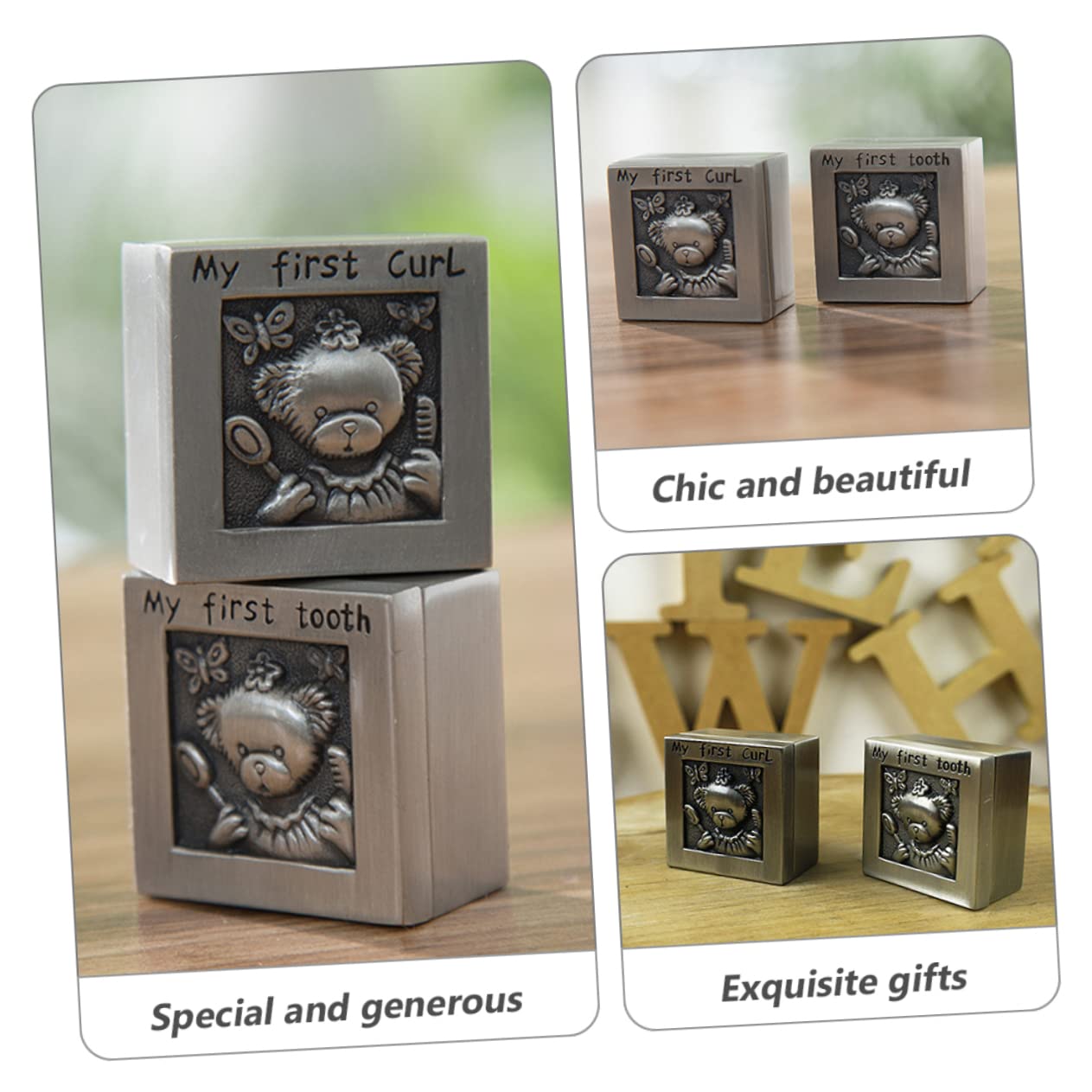 DECHOUS 1pair Metal Tooth Keepsake Box for Boys and Girls Cute Bear Design Treasure Organizer for Teeth and Hair Commemorative Case for Growing Memories