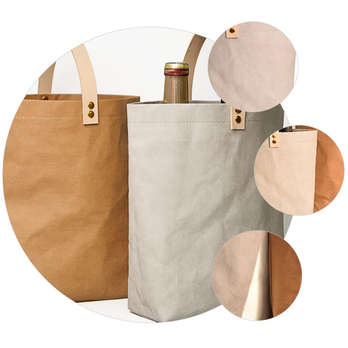 Mobestech 3piezas Bolsa De Papel Kraft Lavada Asa Para Vino Pack Para Fiestas y Eventos Para Botellas De Vino y Champán
