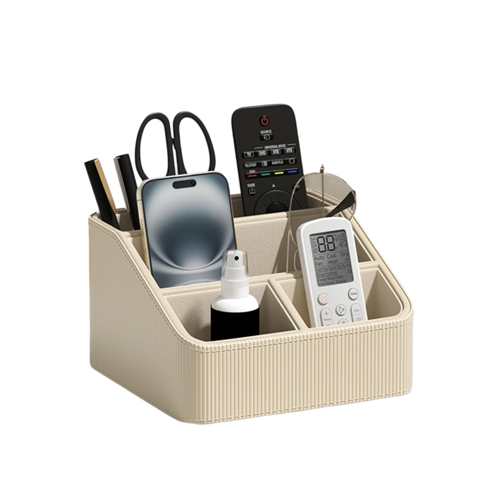 Compact desktop storage box for remote controls, pens, notebooks, glasses and accessories, space-saving design, compact desktop storage box for remote controls, pens, notebooks, glasses